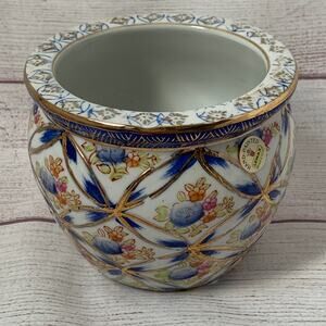 Vintage Lemax Blue and Gold Hand Painted Porcelain Bowl Planter Floral Motif 4"H